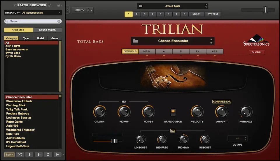 Screenshot of Spectrasonics Trillian, a leading Bass VST plugin